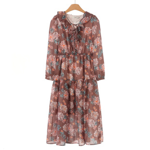 春装 熠 荷叶边系带V领花色松紧腰连衣裙232 80%粘胶纤维 699