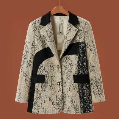 1299 50%绵羊毛【文】冬装 重工亮片拼接西装领通勤风外套255