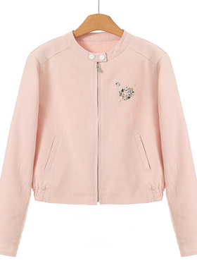 1288 80%亚麻【幸】春装*绍 刺绣串珠按扣圆领拉链短外套822