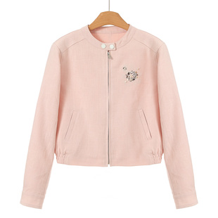 绍 1288 春装 幸 刺绣串珠按扣圆领拉链短外套822 80%亚麻