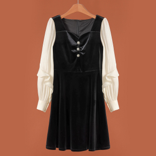 V领重工荷叶拼接袖 999西湖阁老 法式 春装 丝绒连衣裙815 奕