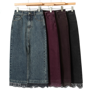 蕾丝摆高开衩直筒牛仔半身裙102 春装 659西湖阁老 芙