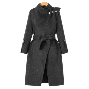 纽扣褶皱立领绵羊毛双面呢长毛大衣120 冬装 10%羊驼毛 南油