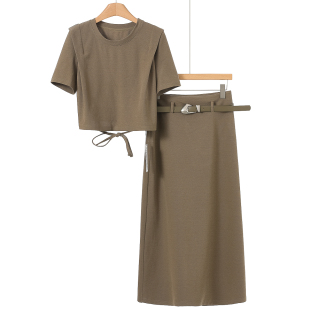 34%粘纤 T恤高腰半身裙套装 莫Y 拼接立体肩短款 785 26春装 999