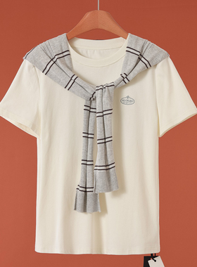 239西湖阁老【HO】春装 *绍 日常棉质条纹披肩短袖T恤392