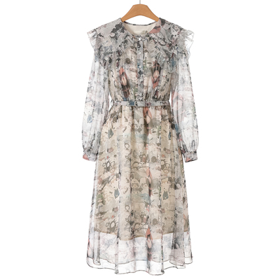 1099西湖阁老【栖】春装 花边娃娃领松紧腰印花连衣裙721