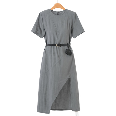 990 71%粘胶纤维【AL】春装*绍 腰带包短袖开叉连衣裙889