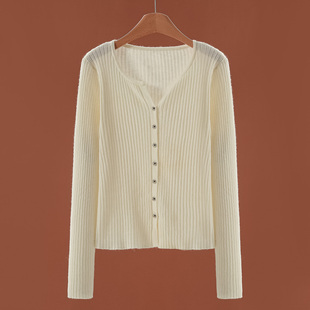 温柔针织衫 439西湖阁老 缺口圆领纽扣开衫 春季 668 兰