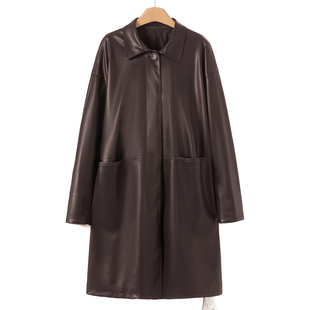 风衣式 羊皮革 休闲气质翻领长款 拉春装 皮衣外套853 韦
