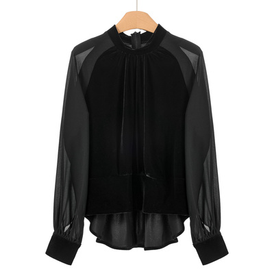 699西湖阁老【氐】春装 拼接插肩袖不对称丝绒T恤小衫121