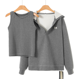 连帽宽松卫衣 春装 条纹背心两件套744 兰 539西湖阁老