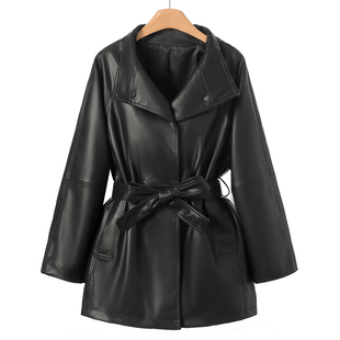 系带插肩袖 2599羊皮革 开衫 拉春装 哑光软面真皮衣外套905 韦