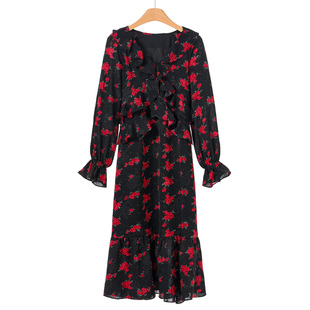 739西湖阁老 春装 荷叶边V领喇叭袖 收腰连衣裙363 芙