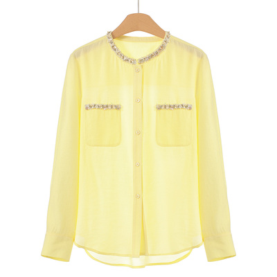 689 74%再生纤维素纤维【TH】春装 石头扣水钻圆领衬衫062