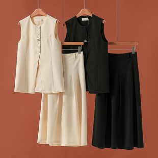 百褶半身裙气质套装 西湖阁老 单排扣马甲外套 春装 679 栖