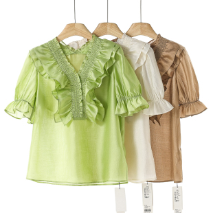 85%莱赛尔天丝纤维 套头衬衫 栖 花边V领喇叭袖 132弜 夏装 559