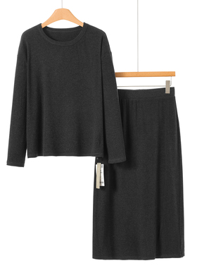 499 67%粘纤【兰】春装 宽松慵懒T恤+松紧开叉半裙套装047