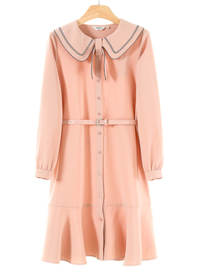 799西湖阁老【HO】春季*绍 勾线翻领荷叶边温柔风连衣裙100