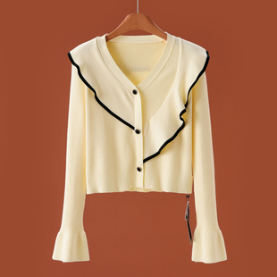 48%粘纤 针织衫 兰 V领套头荷叶边喇叭袖 171 春装 499