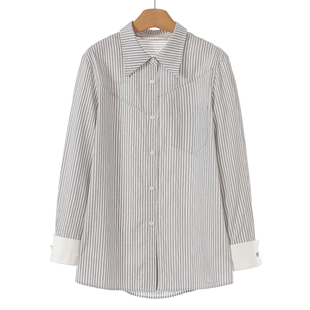 58%再生纤维素纤维 条纹衬衫 文 拼接翻边袖 645 春装 599