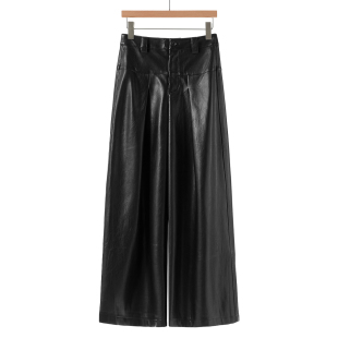 软面PU皮高腰薄绒拖地宽脚厚裤 冬装 325 栖 599西湖阁老