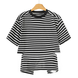 绍 春装 罗纹拼接圆领小众镂空条纹T恤389 兹 399西湖阁老