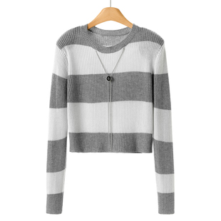 条纹带垫肩含绵羊毛链条毛衣811 冬装 469西湖阁老 兰