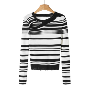 62.5%粘纤 圆领镂空设计条纹毛针织衫 绍 187 春季 459