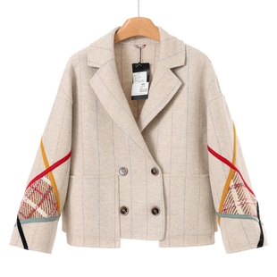 格子拼接西装 冬装 领人字纹双面呢大衣865 奈 西湖阁老