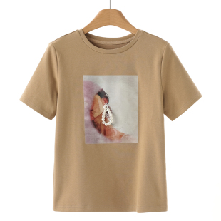 棉质圆领套头珍珠串固定印花短袖 春装 T恤007 兰 269西湖阁老