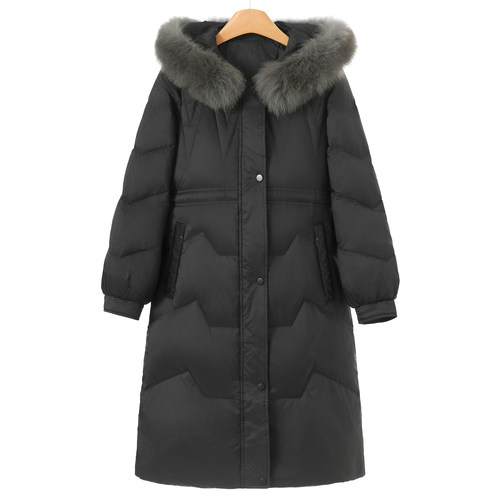 可拆卸狐狸毛毛领【爱丽T】冬装 松紧收腰连帽过膝羽绒服202