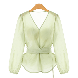 交叉系带收腰V领套头衬衫 599 春装 栖 631 62%醋酸