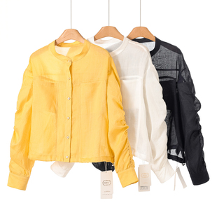 春装 当季 设计轻透感圆领单排扣抽褶袖 短款 628 100苎麻 衬衫 申