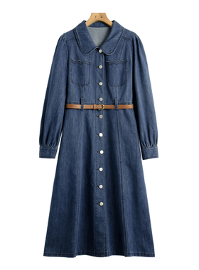 西湖阁老【EG】春季 100棉配拼色腰带修身牛仔连衣裙E901