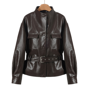 春装 黛L 老钱风立领系腰带显瘦皮衣外套612 羊皮革 1999