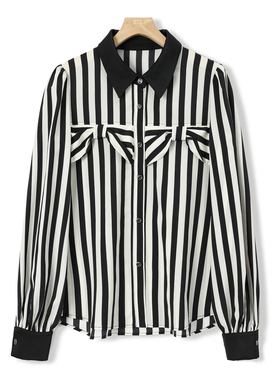 特价~西湖阁老【莫Y】春季 前襟蝴蝶结弧形下摆条纹衬衫562