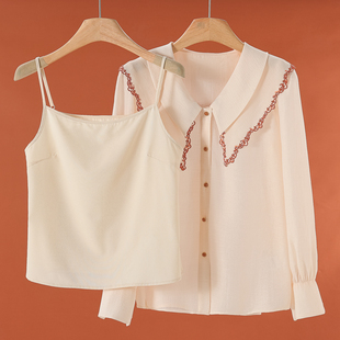 春季 699 72%莱赛尔 蕾 183 刺绣珠片叠加领两件套衬衫