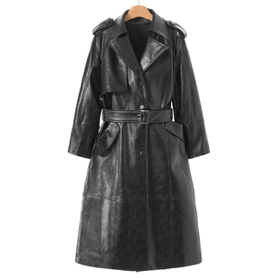 气质油蜡感港风过膝插肩袖 春装 皮衣外套505 申 绵羊皮革