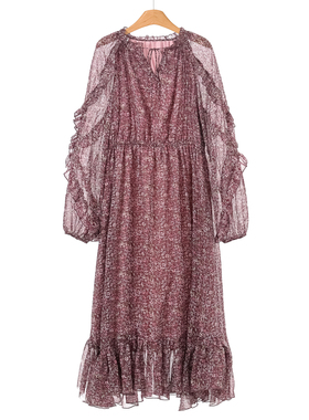 799西湖阁老【芙】春装 木耳领系带松紧收腰花边连衣裙396