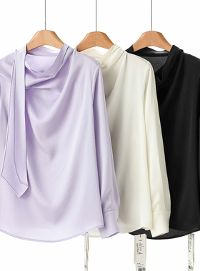 779 76%醋纤【栖】春装 飘带立领绸面垂感套头衬衫905