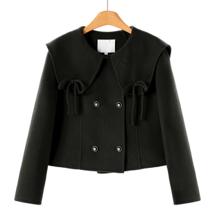 冬季 栖 娃娃领蝴蝶结双面呢长毛大衣693 100绵羊毛 1599