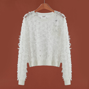 桑蚕丝 圆领重工爱心立体流苏针织衫 绵羊毛 春装 745 699