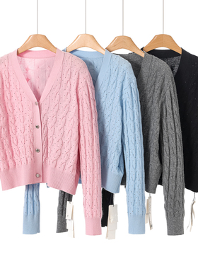 799 100绵羊毛【栖】春装 麻花纹烫钻开衫V领针织衫785