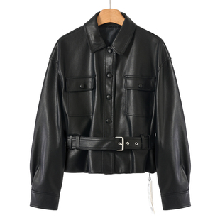 羊皮革 春装 显高挑气质腰带收身落肩袖 软面皮衣外套555 韦