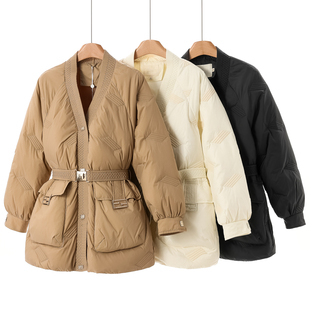 冬装 V领松紧门襟系腰带摁扣羽绒服592 弟 西湖阁老