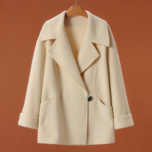 大翻领宽松一粒扣双面呢长毛大衣127 冬装 100绵羊毛 之