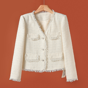 春季 双排翻盖假口袋小香风流苏V领外套607 俪 西湖阁老