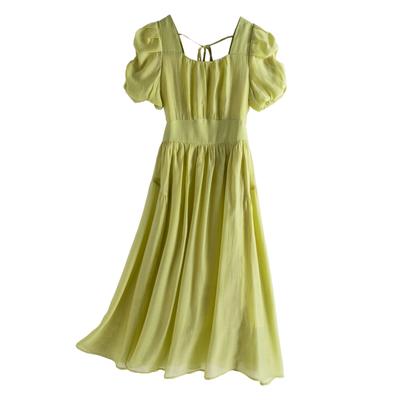 西湖阁老【佐】夏季 莱赛尔天丝方领系带泡泡袖天丝连衣裙L153弜