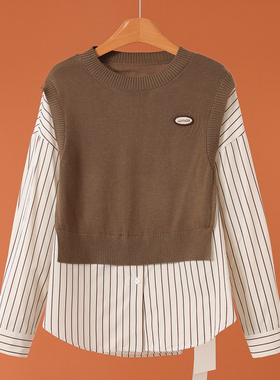 569西湖阁老【熠】春装 条纹拼接假两件开叉含羊毛针织衫327