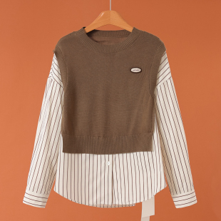条纹拼接假两件开叉含羊毛针织衫 春装 327 熠 569西湖阁老